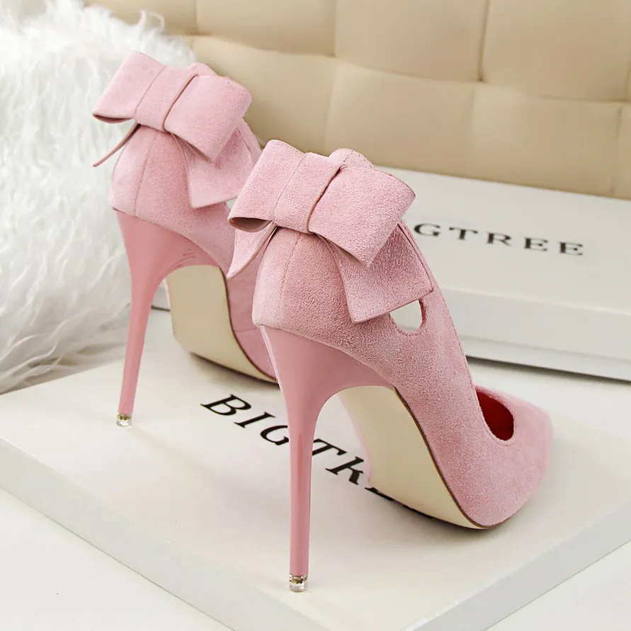 Милые туфли лодочки Туфли на тонком высоком каблуке с бантом Женские замшевые