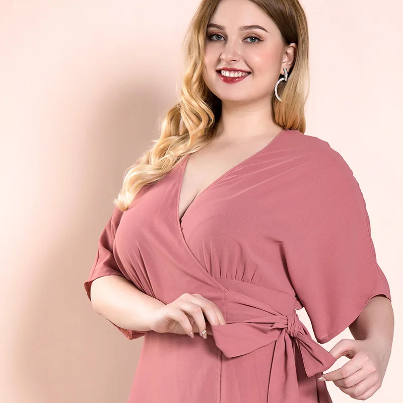 New 2021 spring autumn plus size dresses for women large half sleeve loose casual belt pink V-neck long dress 3XL 4XL 5XL 6XL |