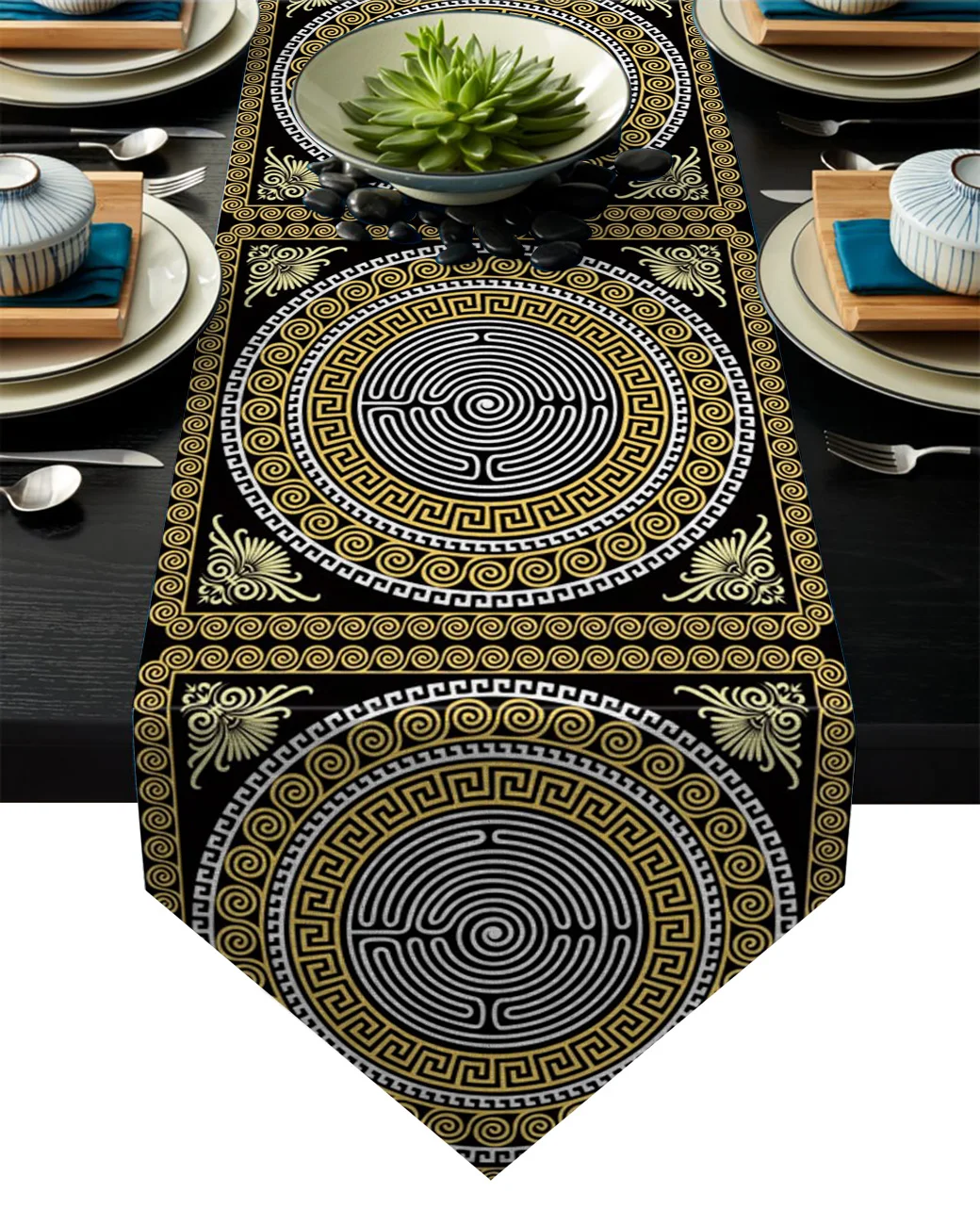 Circle Pattern Black Golden Yellow Greece Table Runner Flag Home Party Decorative Tablecloth Runners | Дом и сад