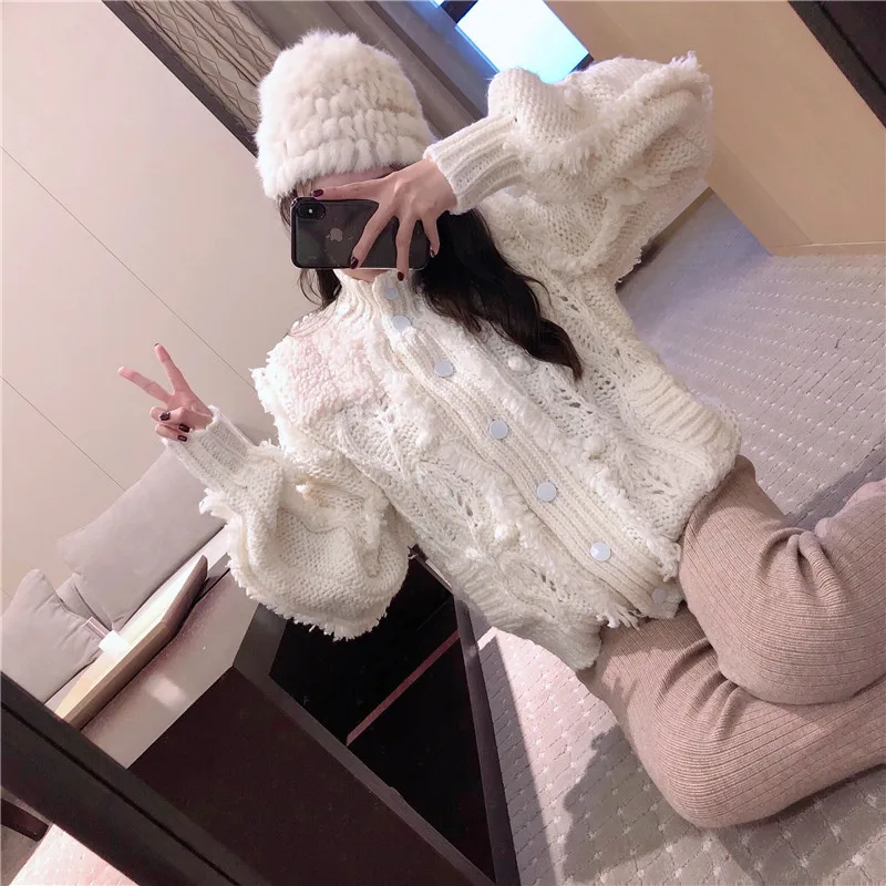 

Blue and white sweater in early autumn 2020 new women's French style loose cardigan jacket Knitted Top