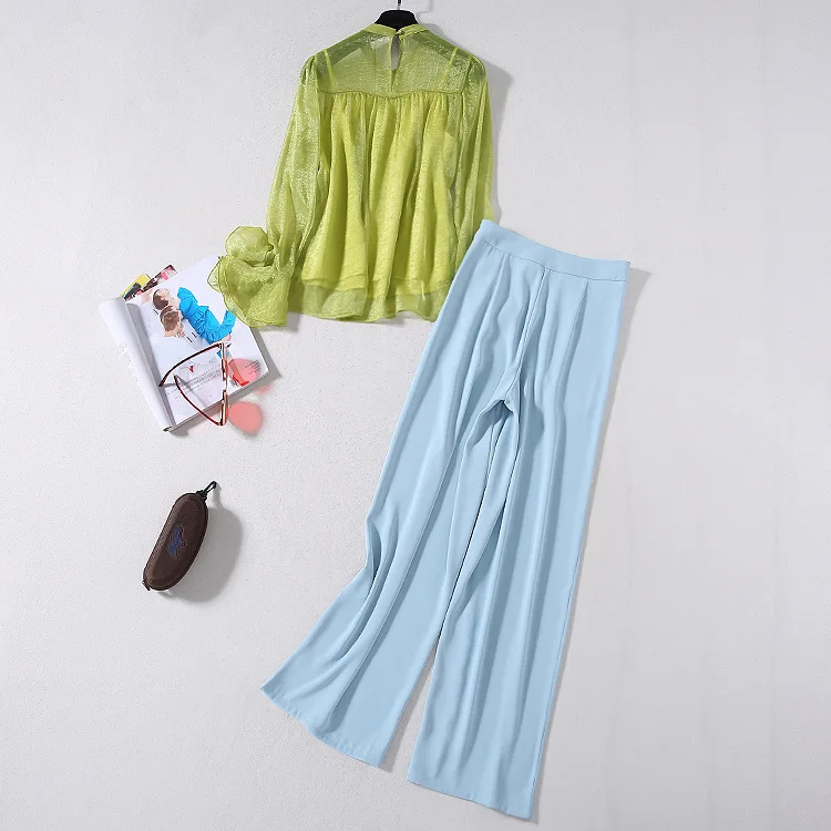 and American women's European dress 2021 summer new styles Green shirt with flared sleeves Blue wide leg pants Fashion suits