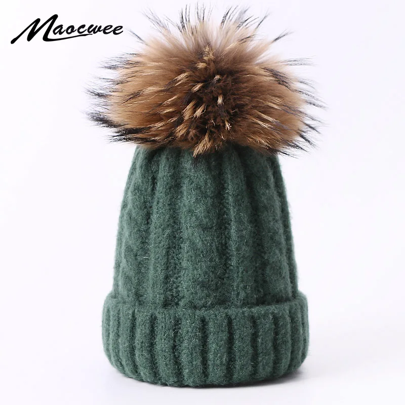 

Real Fur Pompon Hat Winter Knitted Wool Warm Beanies For Children And Women Solid Color Skullies Beanies Parent-child Bonnet Hat