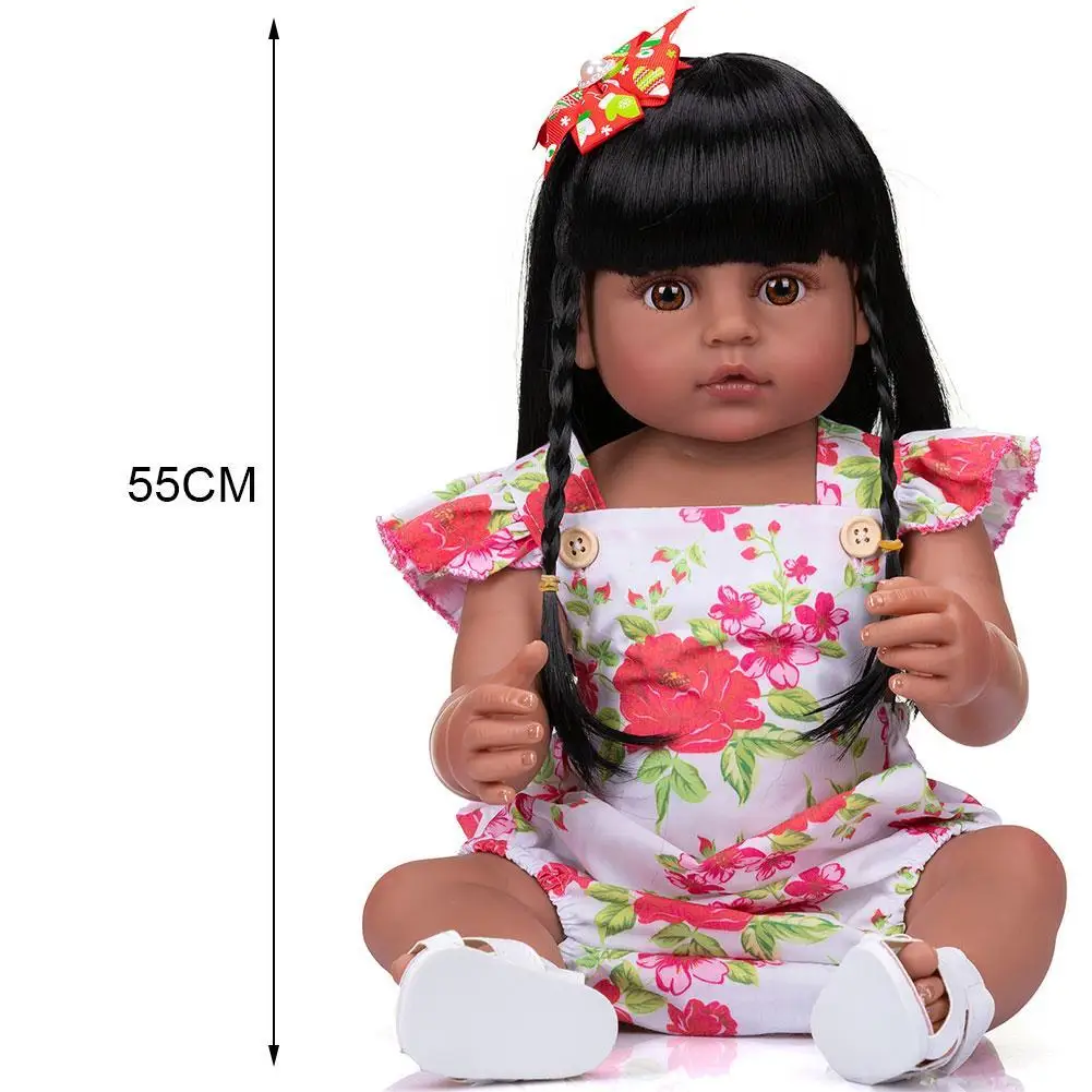 

22 Inch Flower Skirt Black Skin Long Hair Rebirth Dolls Set Assembled 55CM Silicone Girl Gift For Children