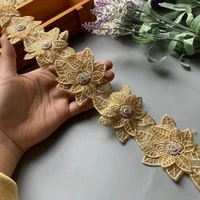 2 yards double flower gold lace trim diamond embroidered applique fabric ribbon diy sewing craft for costume hat decoration new