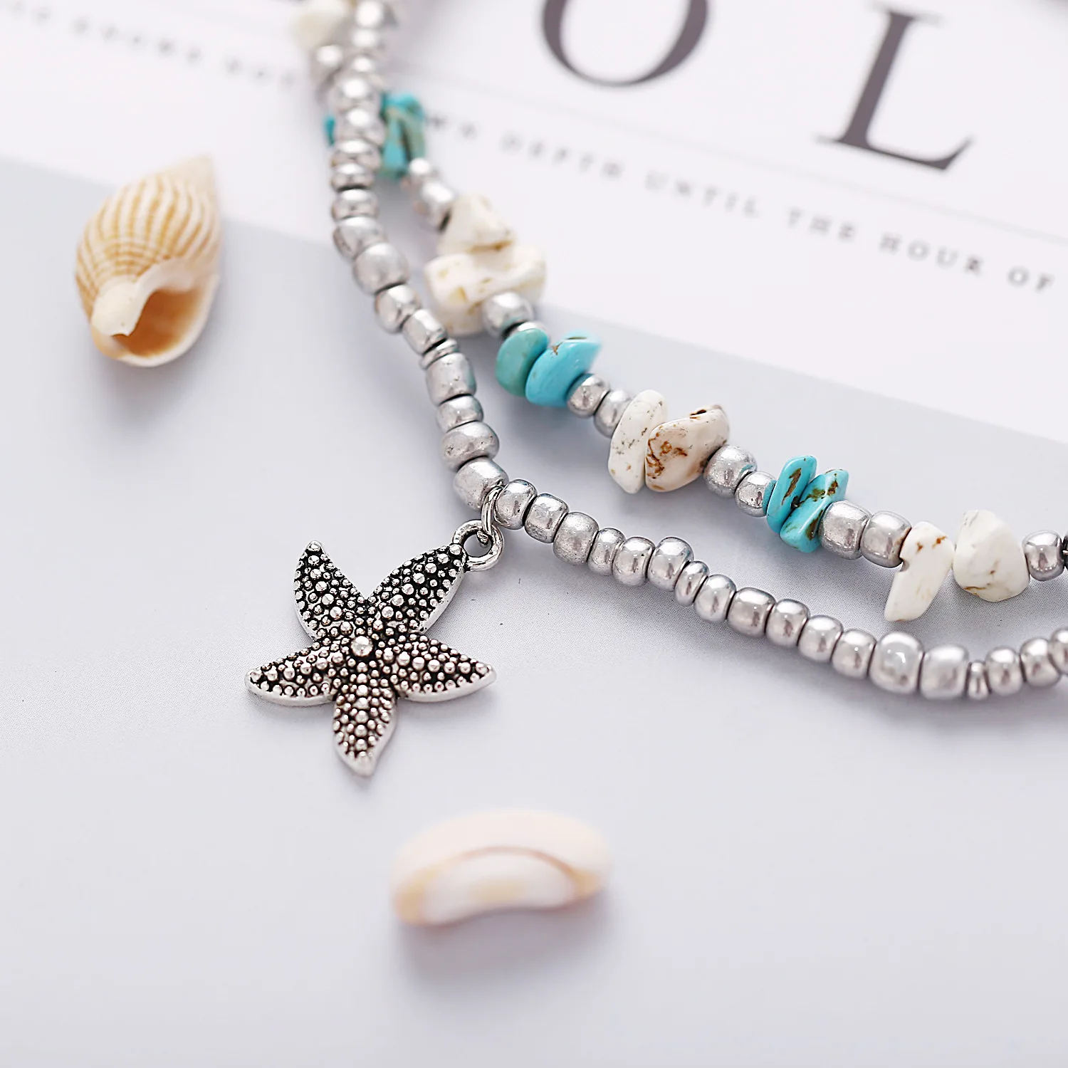 NPKDS богемный Хрустальный двойной пляжный браслет для ног ракушка морская звезда