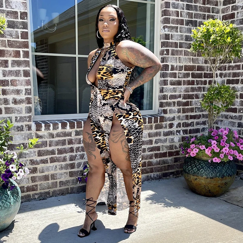 

Kricesseen Sexy Print Snake Hollow Out Midi Dress Women Sleeveless Halter Bodycon High Split Party Clubwear Dress Fashion Hot