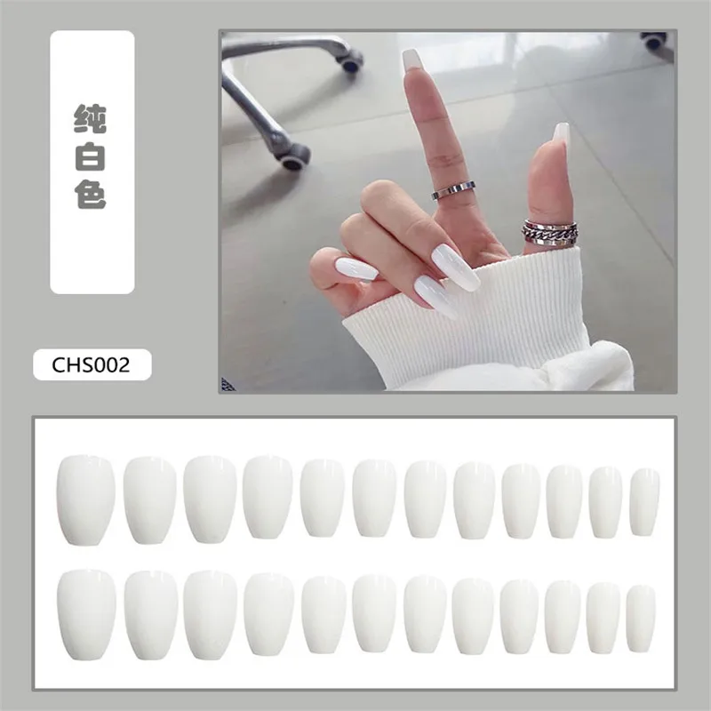 

24PCS Long Coffin Glossy False Nails Solid White Acrylic Fake Nails Natural Clear Glitter Ballerina Nail Tips For Nail Extention