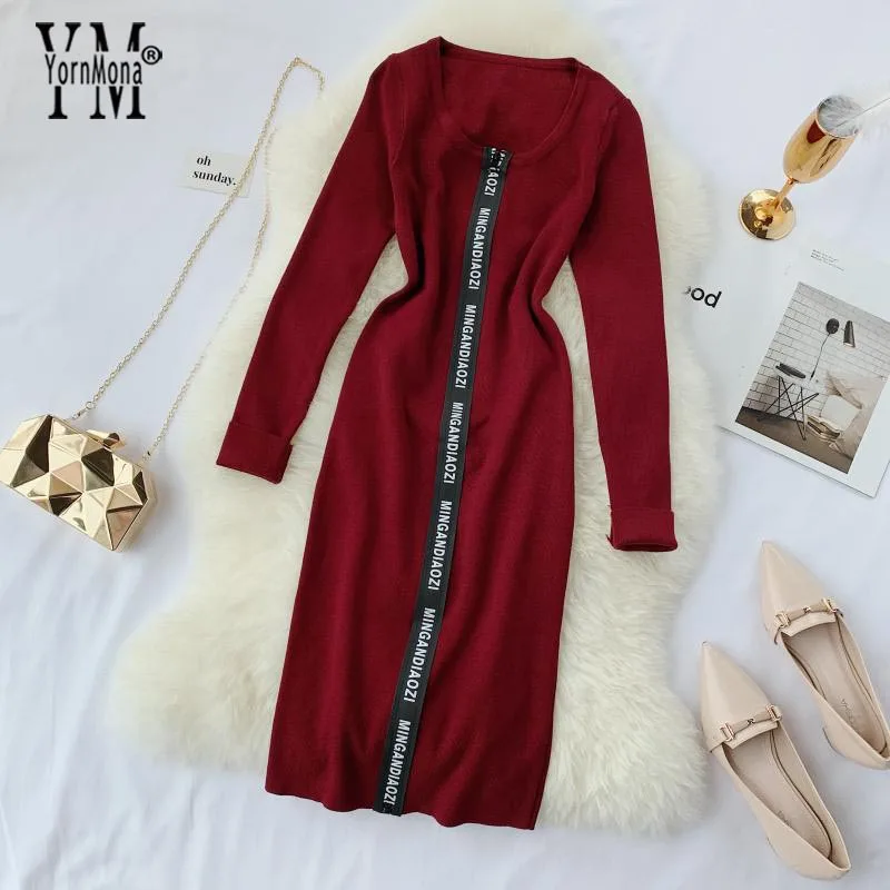 Бургундия YornMona Women Designer Casual Dress Letter Zipper O-neck Knitted Bodycon Dress Winter Elegant Ladies Office Dress Vestidos - Цвет: Бургундия