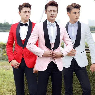 

2020 Mens Fashion Big Shawl Lapel 3 Pieces Set Pink Red Blue White Black Wedding Groom Suits Quality Jacquard Banquet Tuxedo