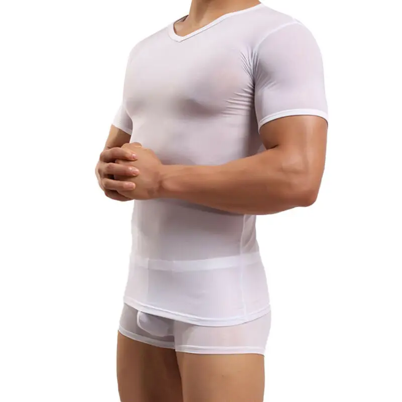 

Men Sexy Short Sleeve Seamless Bodybuild Shirt Top Underwear Ice Silk Nightwear