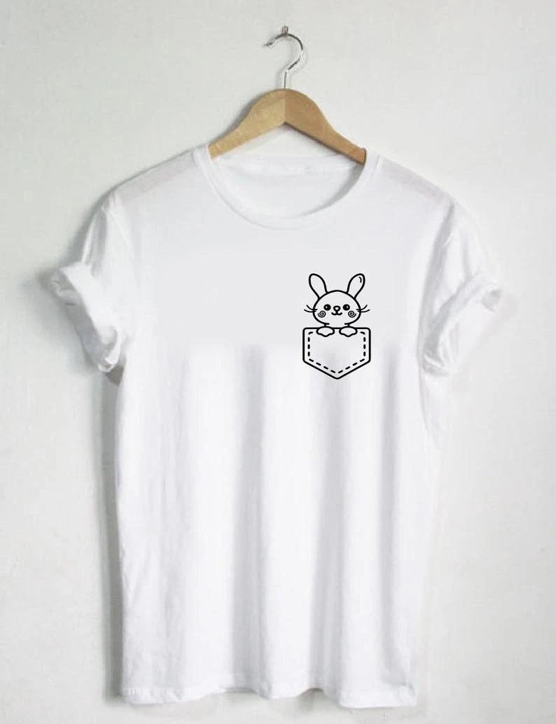 Bunny in Pocket - T-shirt Shirt Cute Animal Spring Season Rabbit Unisex Shirts Clothing Clothes Image Drawing Farm Zoo-J797
