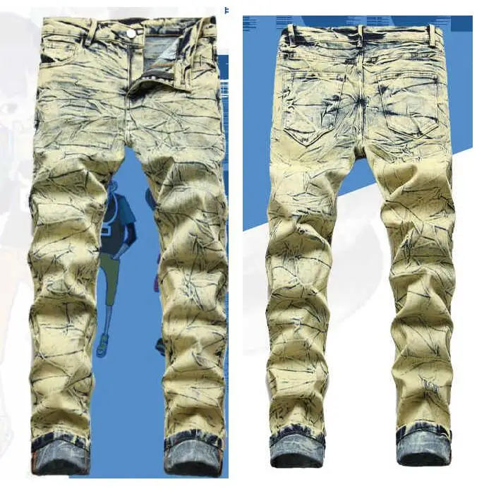 High Street Fashion Men Hole Stacked Jeans Motorcycle Pant Ripped Tights Jeans Men Tie dye Denim Pants