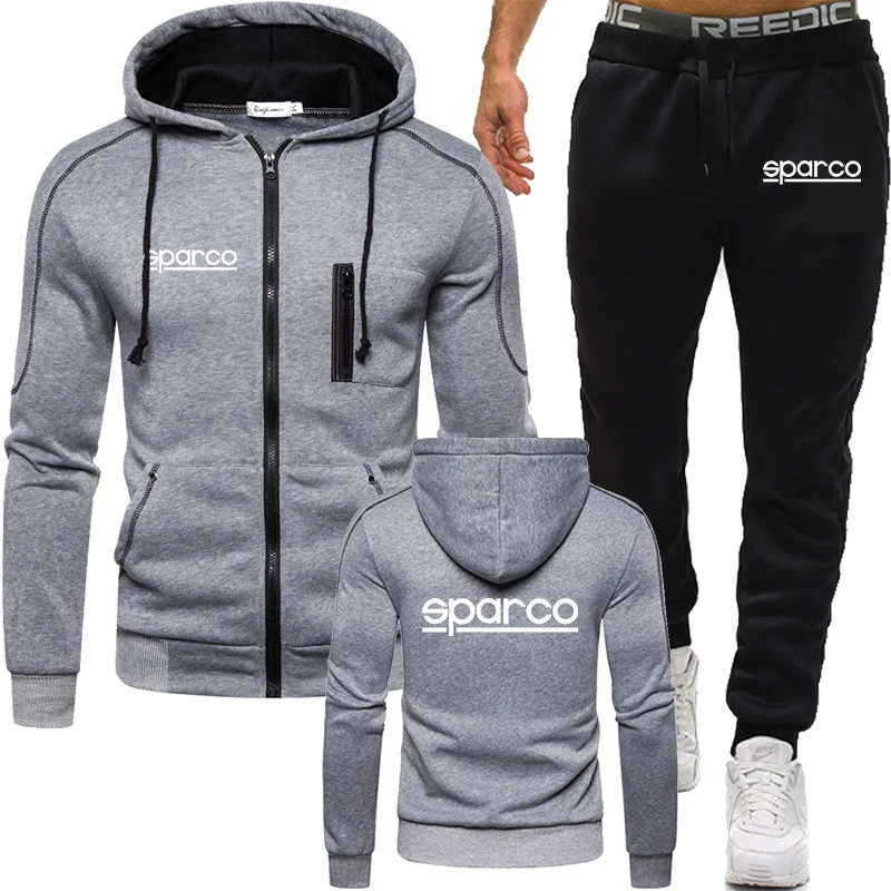 

2022 New Sparco Men's Tracksuit Set Outdoor Suit Full-Zip Hooded Jacket + Sweatpant 2pcs Male Sportwear Suit Casual Clothing