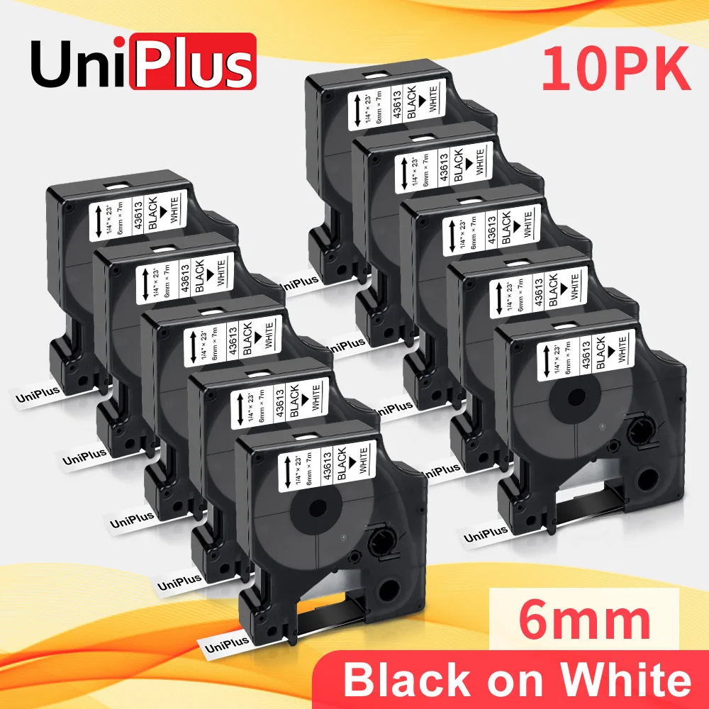 

UniPlus 10PK 43613 Black on White Label Tape Compatible Dymo Tape 6mm Label Printer for Dymo LabelManager 210D 420P 280 LP250