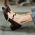 2021 дамские весенние туфли женские туфли-лодочки квадратный носок с жемчугом на Высоком толстом каблуке повседневные туфли-лодочки вечерние туфли Rojos; Mujer; Пикантная обувь