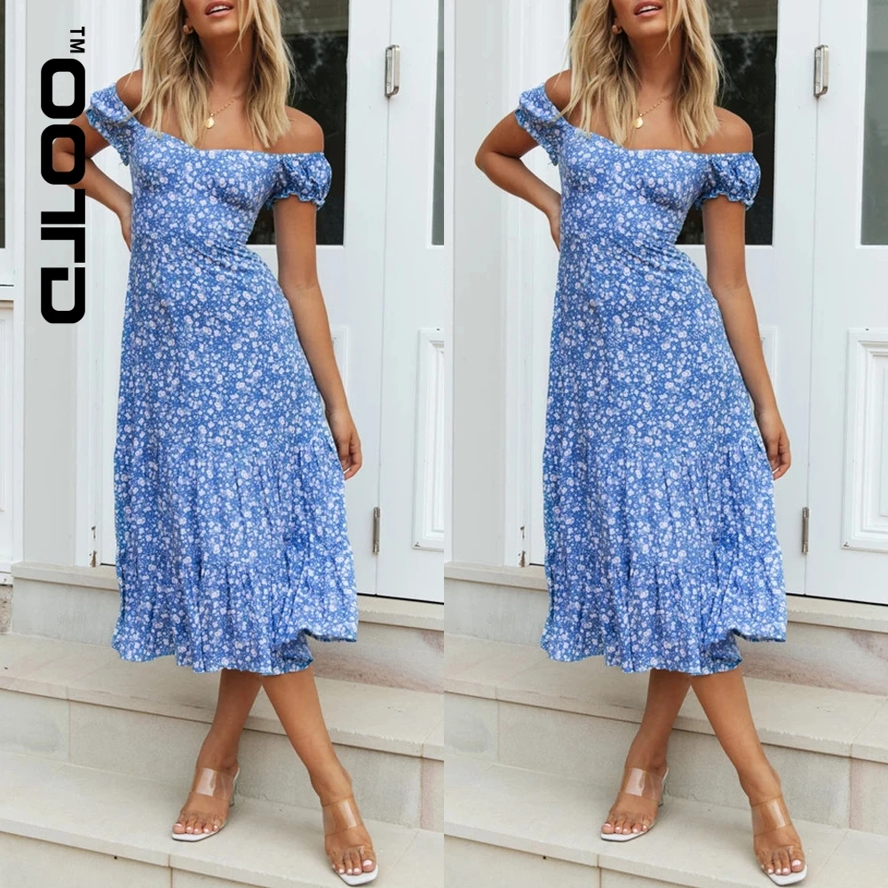 

Women's Summer Boho Casual Long Maxi Dress boat neck bare shoulders Holiday Party Print Beach Dress Sundress 2021 Fashion