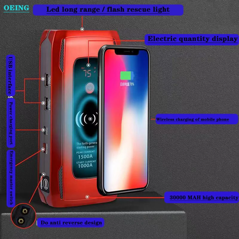 

OEING Car Jump Starter Starting Device Battery Power Bank 1500A Jumpstarter Auto Buster Emergency Booster Car Charger Jump Start