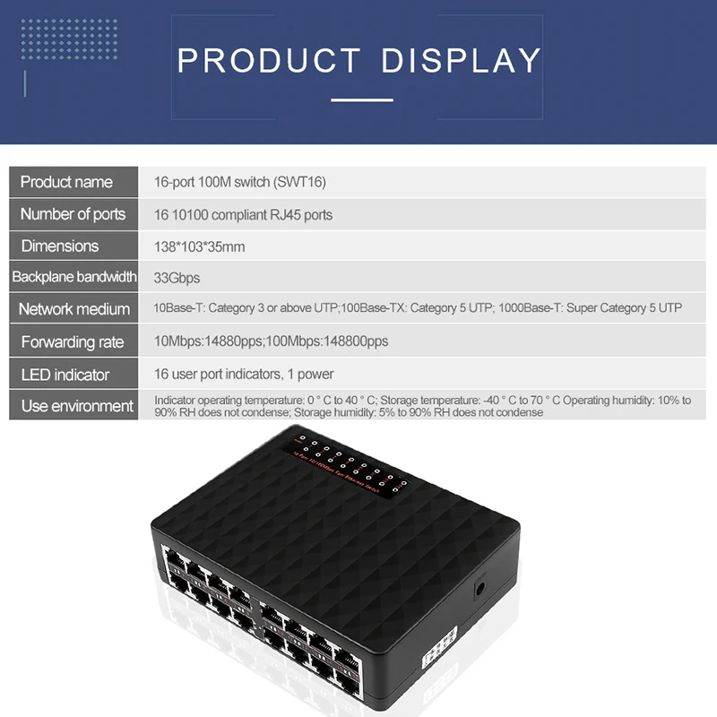 16 Порты 10/100 Мбит сетевой коммутатор Fast Ethernet LAN RJ45 Vlan концентратор Настольный ПК