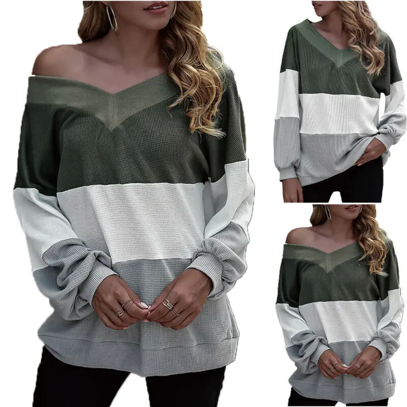 

Women V Neck Loose Long Sleeve Blouse T-shirt Tops Ladies Tee Shirts Pullover UK
