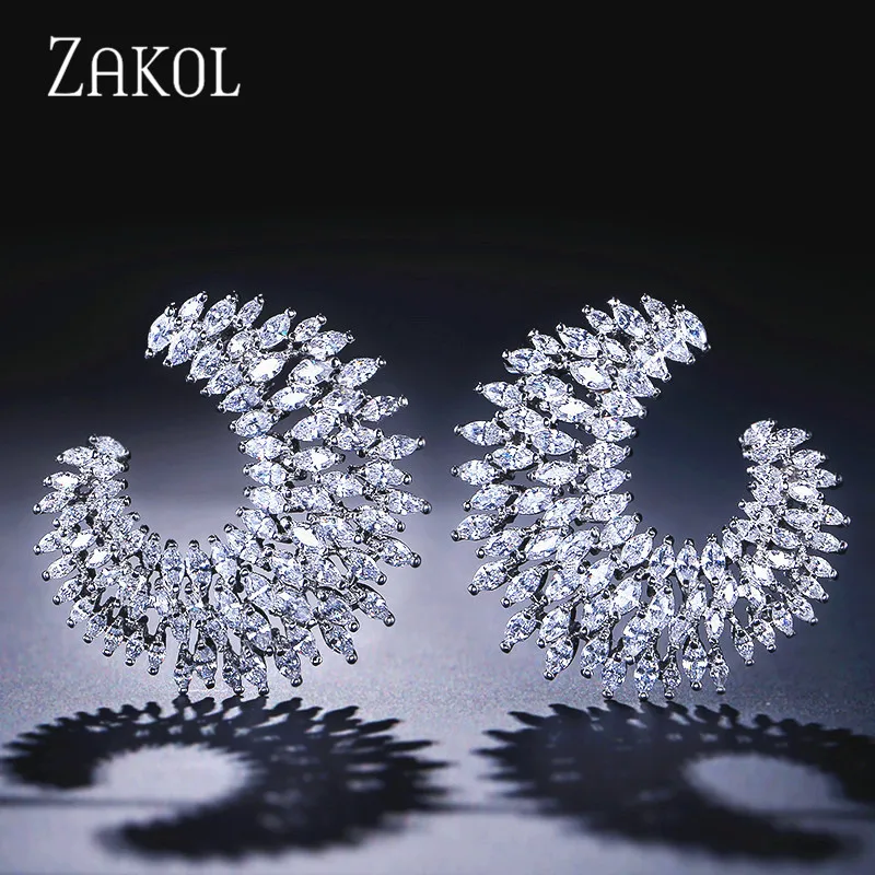 ZAKOL Европейский стиль большие серьги гвоздики CC винтажная Форма Луны микро CZ для