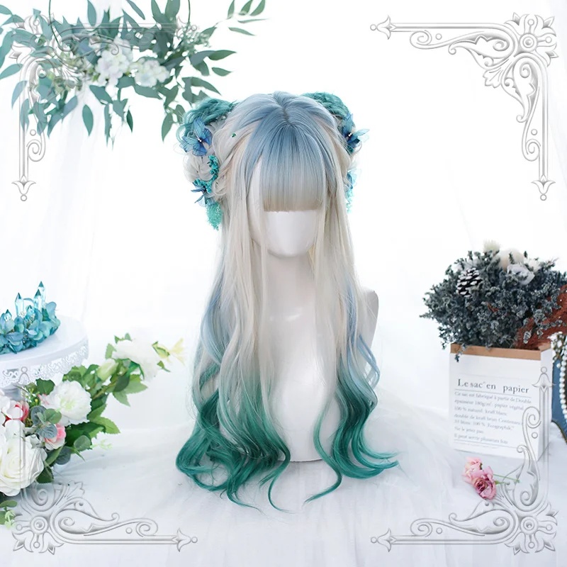 

Женский длинный волнистый парик Lolita, белый, зеленый, синий, многоцветный, с постепенной сменой челки, женские парики для косплевечерние