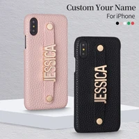holding strap metal personalization your name pebble grain leather phone case for iphone 12 11 pro xs max xr 7 7plus 8 8plus x