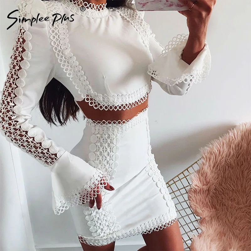 Simplee Plus Elegant lace bodycon White dress two pieces suits women Sexy hollow out autumn sets party club mini | Женская одежда