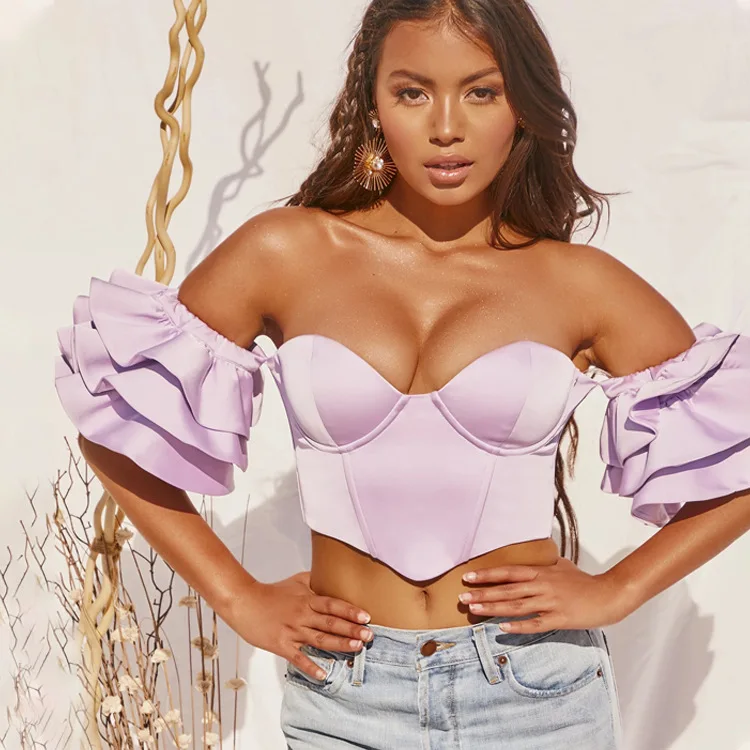 

Women Satin Bustier Corset Top Blouses Female Ruffles Sleeve Off Shoulder Crop Tops Plus Size Blusas Mujer Tube Top For Women