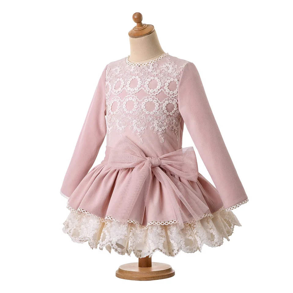 Pettigirl/изысканное кружевное розовое платье для девочек с бантом + головной убор