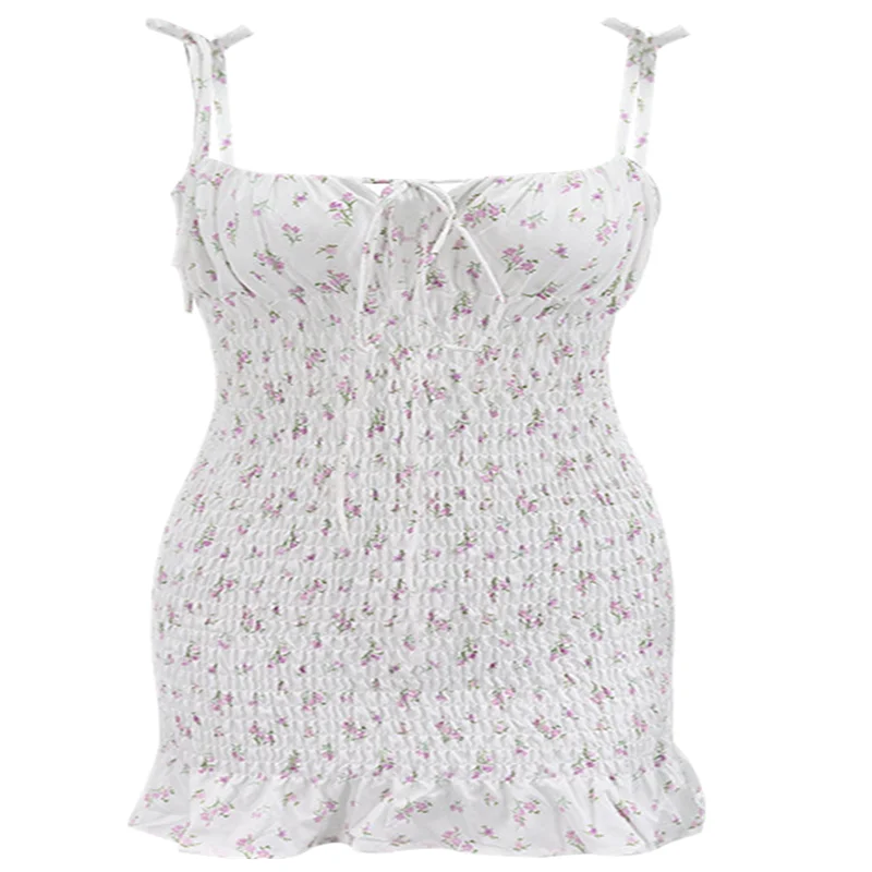 

2021 New European And American Women's Sexy Off Shoulder Floral Lace Up Pleated Ruffle Sling Short Dress