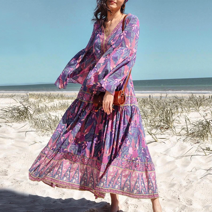 TEELYNN Макси женское платье из хлопка с цветочным принтом глубоким v образным