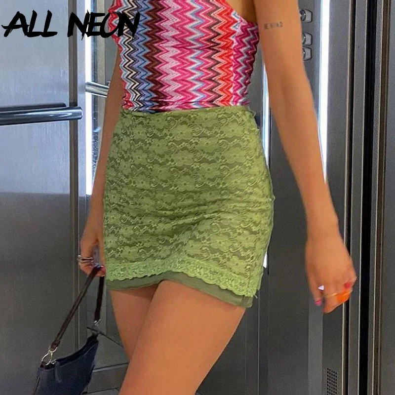 

ALLNeon 2021 Fashion 2000s Lace High Waist Mini Skirts Y2K Aesthetics Bodycon Bow Short Green Skirt Summer Cute Vintage Bottoms