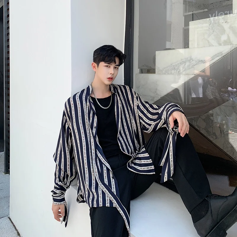 Мужские полосатые рубашки с длинным рукавом лентами Свободные повседневные