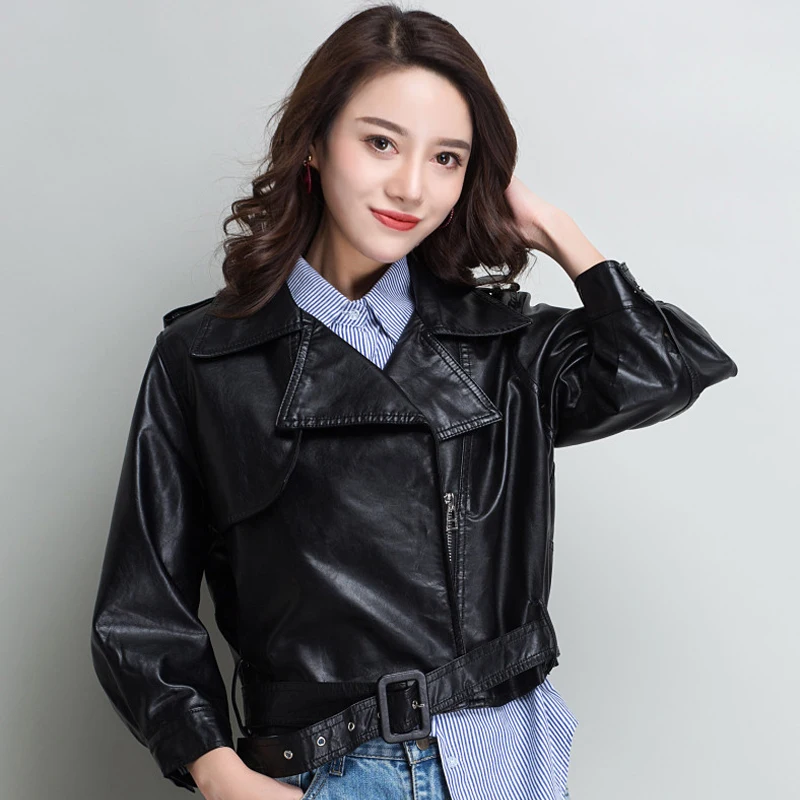 Куртка женская короткая из экокожи с отложным воротником на осень|Кожаные