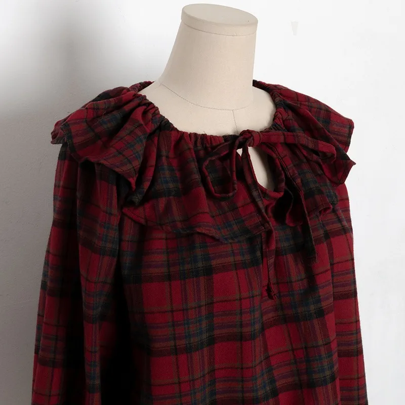 

Korean Sweet Retro Off-the-Shoulder Plaid Ladies Tops 2021 Spring Loose Slash Neck Lace-up Ruffled Flare Sleeve Shirts Women