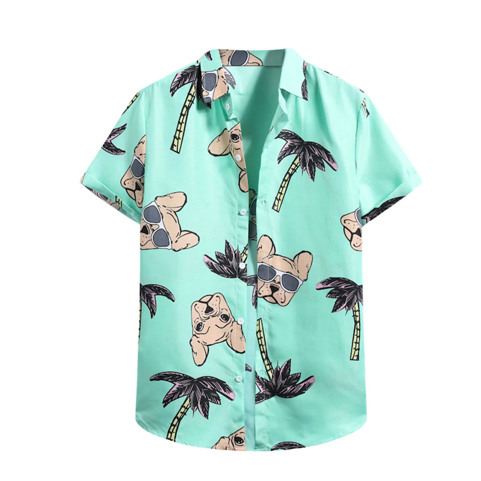 

Summer Shirt Men Palm Tree Printed Cartoon Dog Short Sleeve Turn-down Collar Streetwear Loose Mens Hawaiian Shirts Camisas