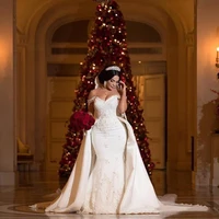 elegant beaded lace wedding dresses mermaid bridal gowns with detachable train off shoulder applique ivory satin bride dress