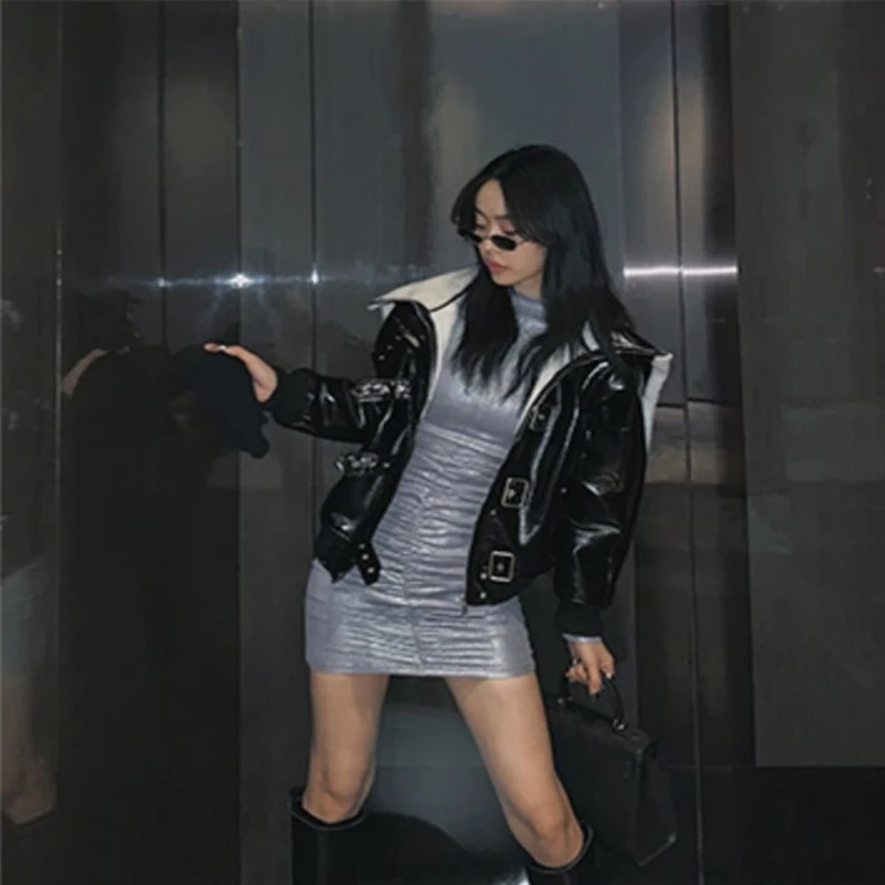 

Winter Sexy Faux Lamb Leather Jacket Women Faux Leather Lambs Wool Fur Collar Suede Jacket Coats Female Warm Thick Outerwear