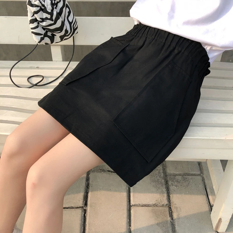 

Women Street High Waist Mini Skirt Fashion Vintage Thin A-line Skirt Above Knee Mini Polyester Pocket Skirt