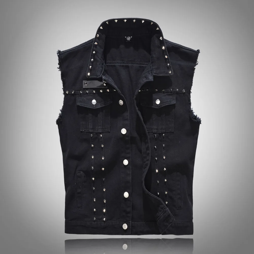 

New 2020 Denim Vest Men Punk Rock Rivet Cowboy Black Jeans Waistcoat Fashion Men Motorcycle Style Sleeveless Jeans Jacket M-5XL
