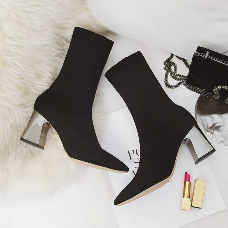 

Autumn and winter 2020 new pointed thick heel boots women's high heel fashion slim elastic boots