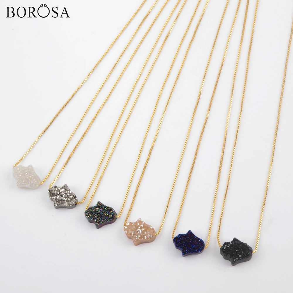 

BOROSA 5Pcs High Quality Palm Shape Rainbow Titanium Natural Druzy Adjustable 16.5-17inch Chain Pendant Necklace Jewelry G1891