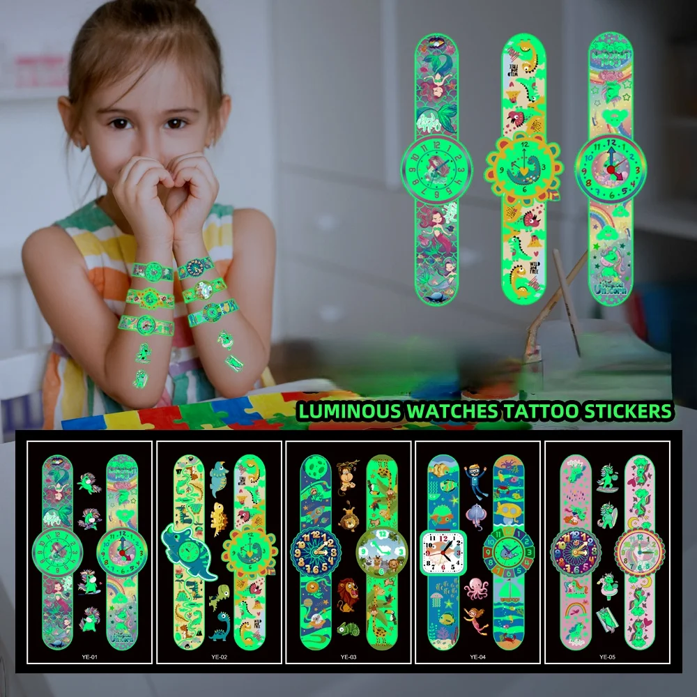 

5pcs/lot Luminous Tattoo Face Temporary Color Unicorn Mermaid Dinosaur Tattoo Child Cute Tattoo Sticker Body Tattoo for Kids