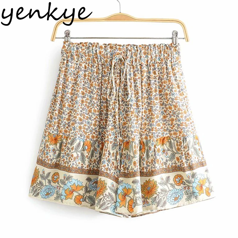 

YENKYE Vintage Floral Print Holiday Summer Shorts Women Drawstring Elastic High Waist Casual Short Femme spodenki damskie