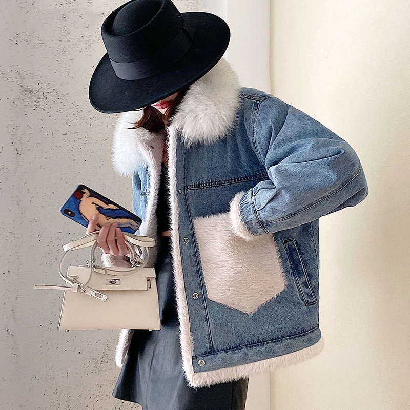 

Unua amo Winter Denim Jacket Women Luxury Real Fox Fur Collar Fleece Coat 2022 Fashion Korean Style Thick Warm Bomber Jacket