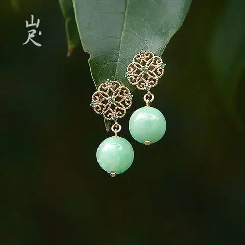 

Jinmiqi Original Natural Hetian Jade Earrings S925 Anti-Allergy Classical Elegant Palace Style Earrings to Give Mom