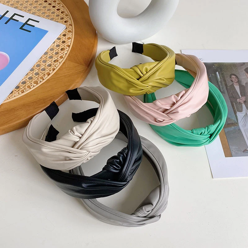 

Women Wide Side Headband Twisted Knotted Head Hoop Solid Color Hair band PU Leather Hairband Girls Hair Hoop Hair Accessories