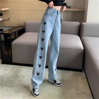 women fashion harajuku straight pants 2021 high waist heart print jeans wide leg denim trousers blue streetwear vintage quality