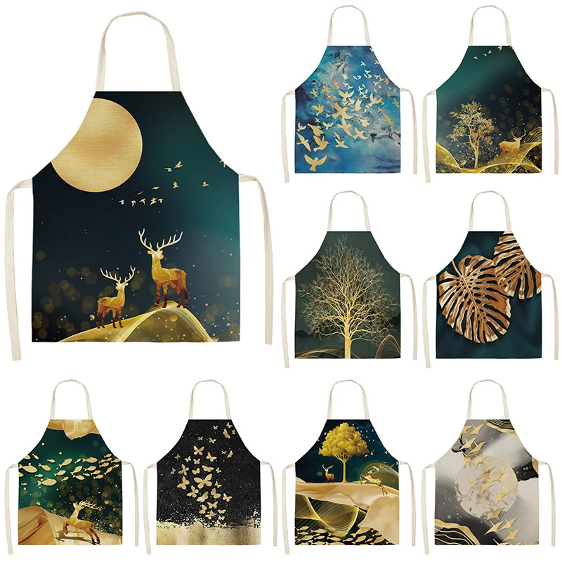 Фартуки кухонные женские с золотым оленем и бабочкой хлопково-льняные