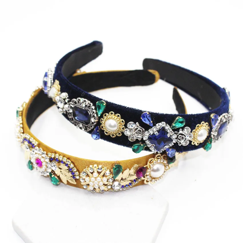 

HotBaroque Headband Fashion Wild Women Head Hoop Color Rhinestone Artificial Pearl Geometric Personality Lady Hair Band Gem leaf